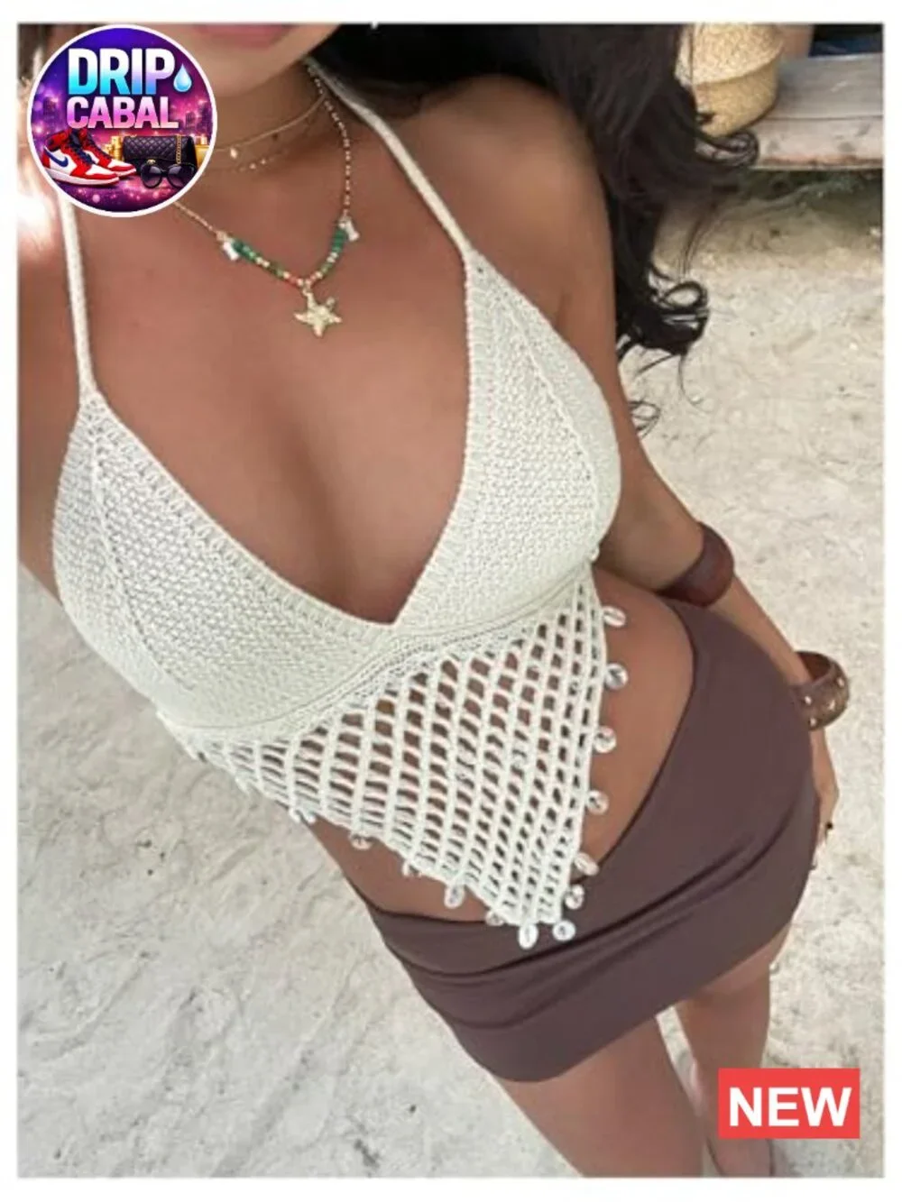 Boho Crochet Halter Top Asymmetrical V Neck Camisole Summer Vacation Beach - Picture 4 of 7